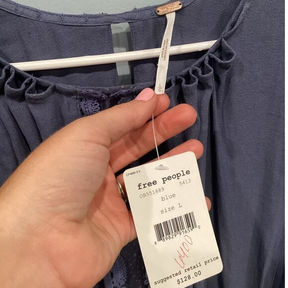 Free People Soul Serene Blouse Size Large Dusty Blue Lace Whimsigoth Boho NEW - Picture 3 of 13